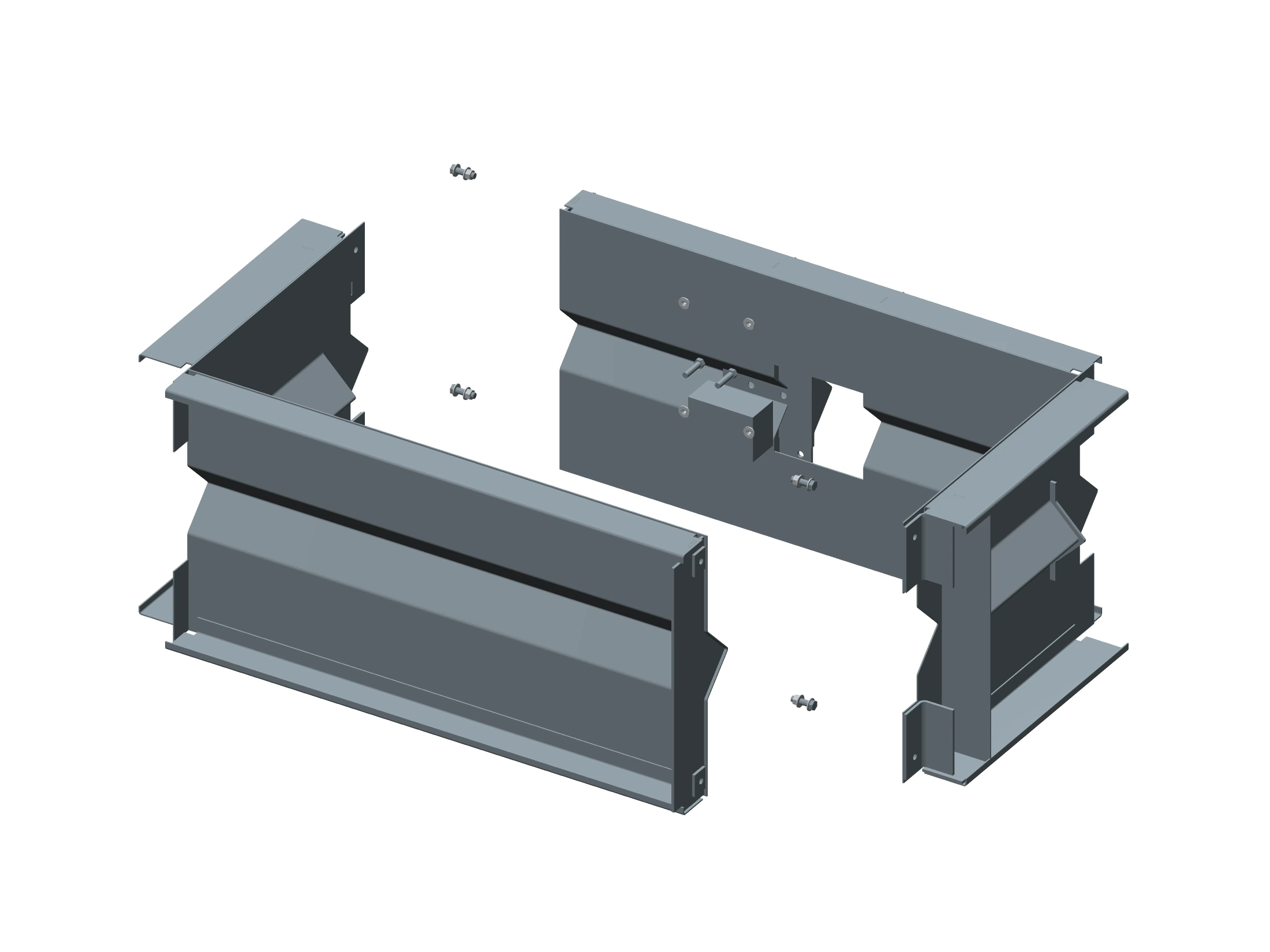 Exploded CAD illustration of the 4-foot mold’s two L-shaped halves, four closure bolt sets and removable anchor cassette.