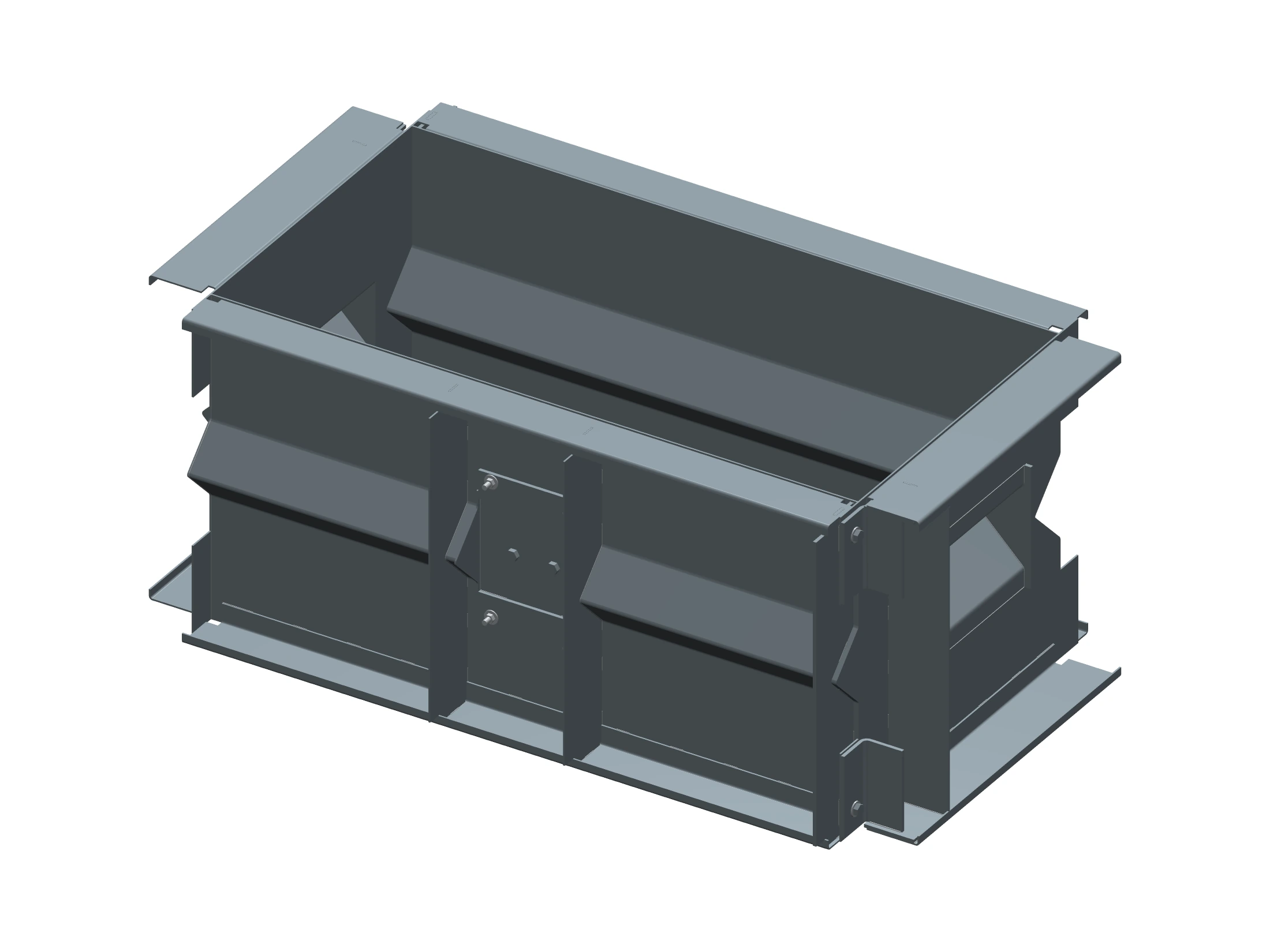 Opposite-side CAD view of the 4-foot mold, showing its removable anchor cassette and paired supports.