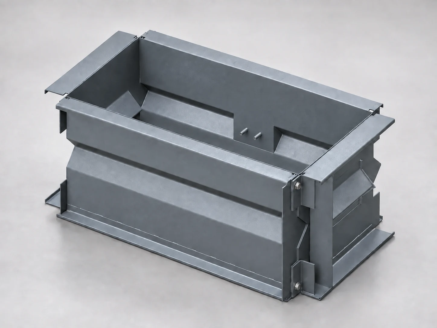 Generated product visualization of the 4-foot steel concrete block mold. The included removable recess former is omitted to show the mold interior.