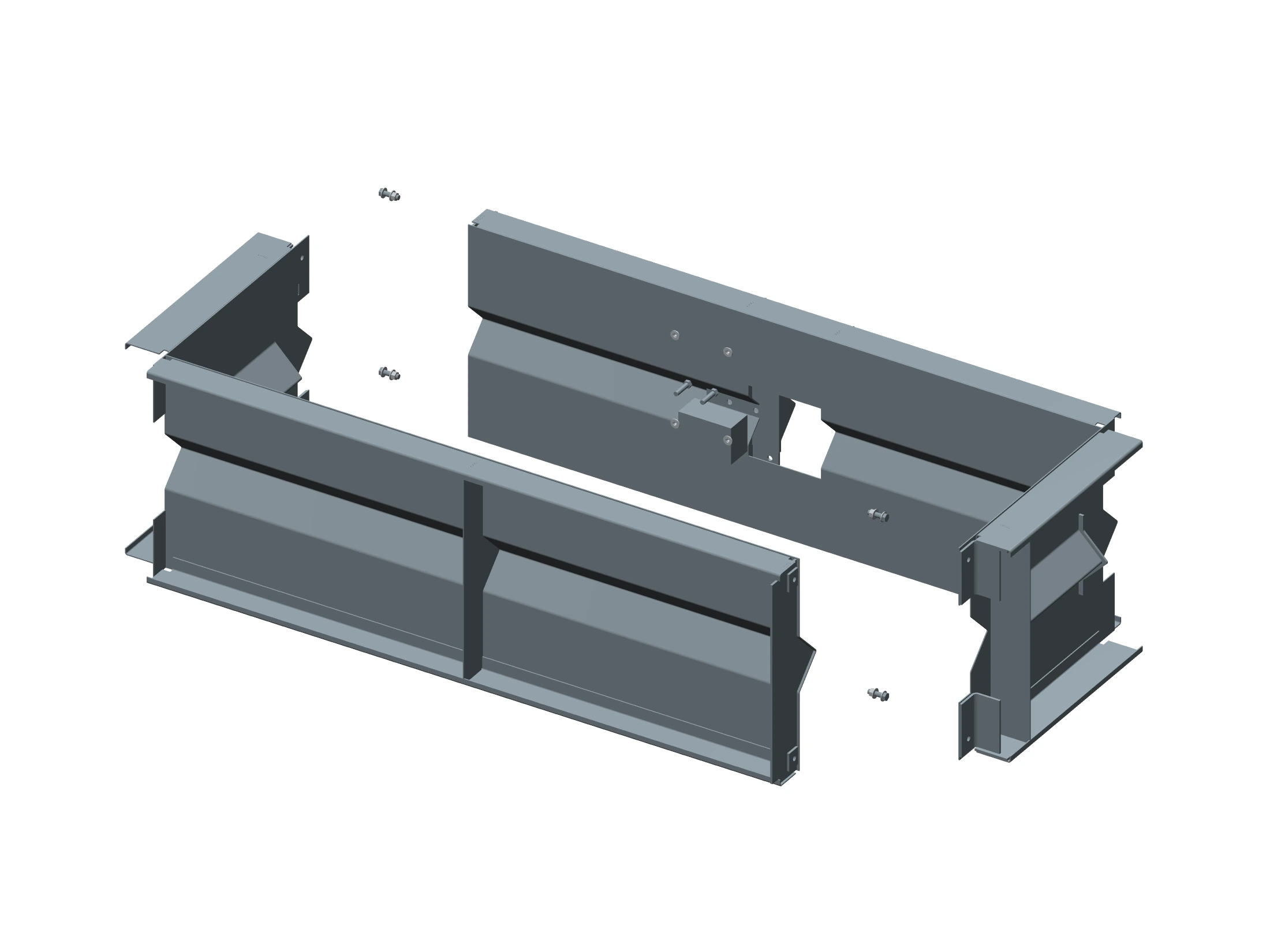Exploded CAD illustration of the 6-foot mold’s two L-shaped halves, four closure bolt sets and removable anchor cassette.