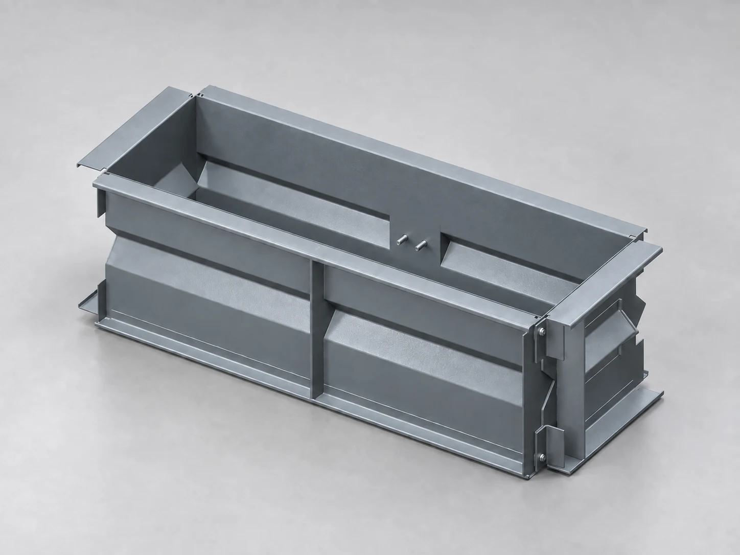 Generated product visualization of the 6-foot steel concrete block mold. The included removable recess former is omitted to show the mold interior.