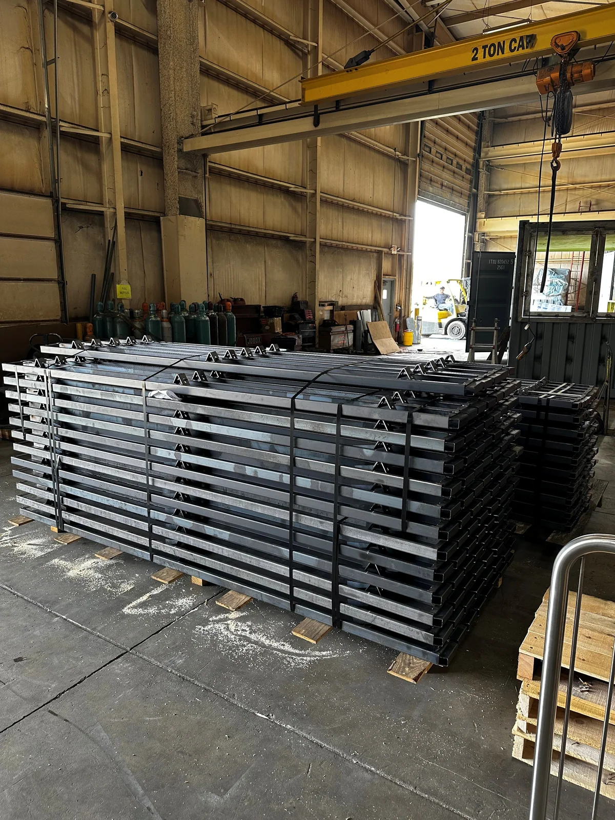 Pallets of straight concrete forms in the Ohio manufacturing facility